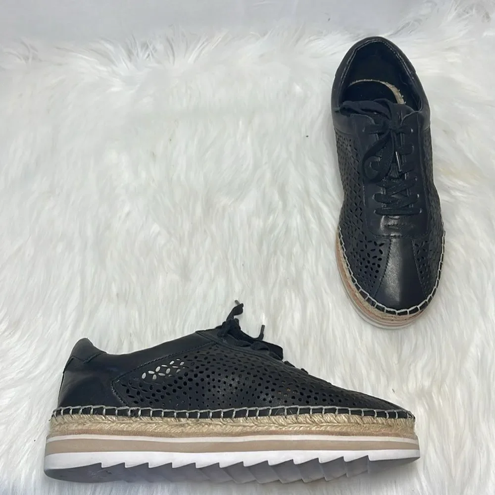 Marc‎ Fisher Walden Black Leather Laser Cut Espadrille Oxford Sneakers Sz…